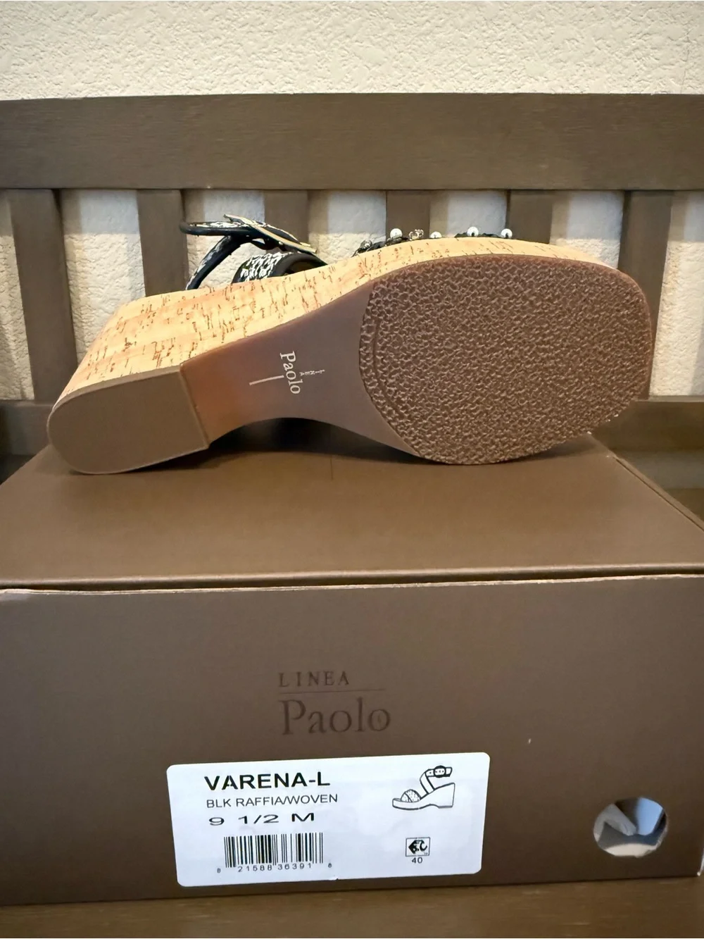 NWT LEATHER  Varena Black Raffia Woven Cork Wedge Sandal
